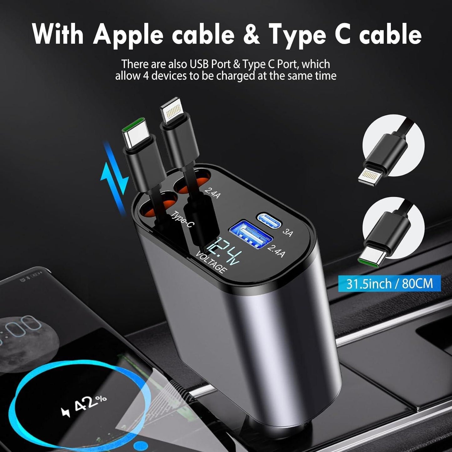 4 in 1 Retractable 120W Fast Charging Car Charger 🚗⚡